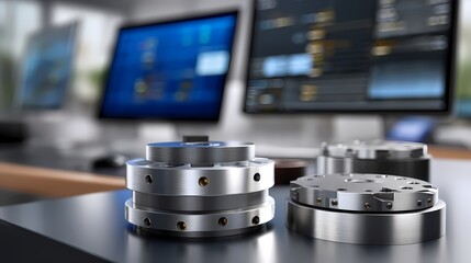 Precision Mechanical Components on Desk with Digital Screens Background