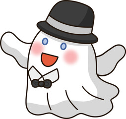 Cartoon ghost wearing a black hat and black bow