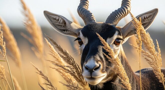 Blackbuck antelope portrait wildlife animal nature horns mammal ungulate grassland field outdoors wild close up