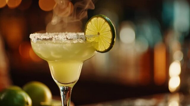 A cinematic close-up of a bartender skillfully pouring a margarita into a glass, capturing the elegant motion, vibrant colors, and artistry of mixology in a stylish and dynamic bar scene