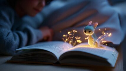 A Magical Encounter: A Young Reader Discovers a Fantastical Creature in an Enchanted Book, Illuminating the Pages with Glowing Flowers and Wonderous Imagination - Powered by Adobe
