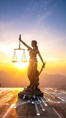 A majestic statue of Lady Justice stands tall, draped in flowing robes, holding balanced scales in one hand and a sword in the other, symbolizing fairness.
