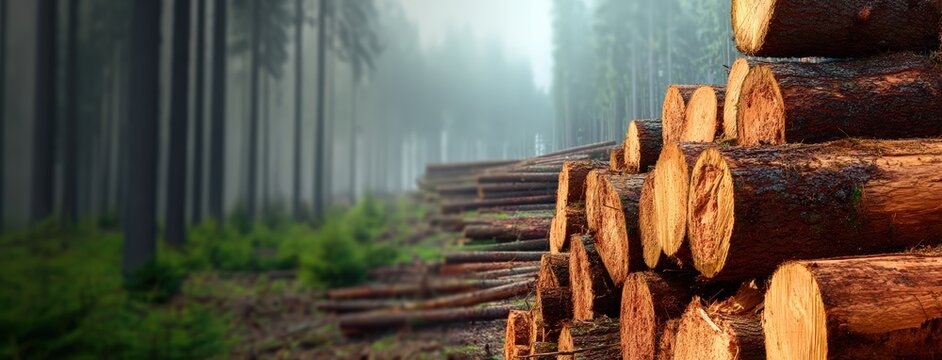 Stacked timber logs showing sustainable forestry and woodworking. Foggy forest background highlights logging industry and nature