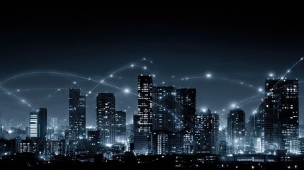 City skyline at night with illuminated buildings and network connections