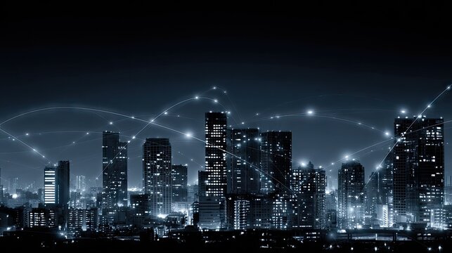 City skyline at night with illuminated buildings and network connections