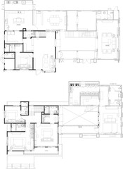 2-Story Residential House Line Drawing with Furniture Layout, Floor Plan of First and Second Floors, Interior Design