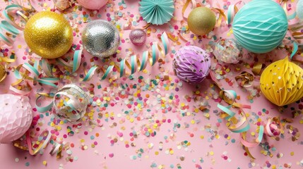 A festive table setting with colorful ornaments, streamers, and confetti on a pink background.