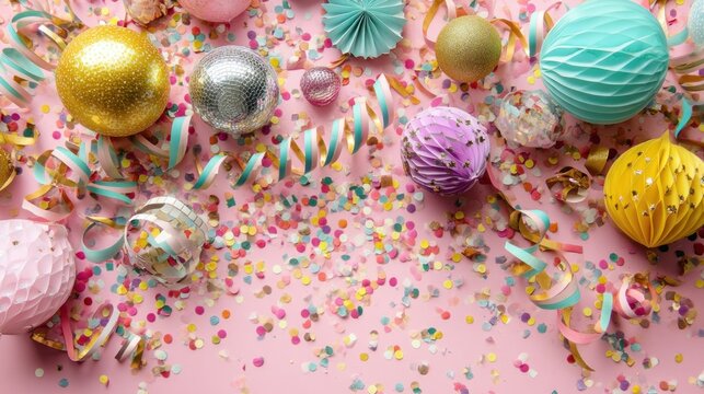 A festive table setting with colorful ornaments, streamers, and confetti on a pink background.