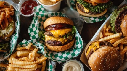 A table with a variety of burgers and fries, including cheeseburgers, lettuce, and tomato,