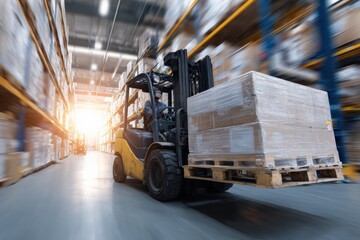 Worker operating forklift, transporting wrapped pallets down a warehouse aisle with motion blur, symbolizing fast logistics