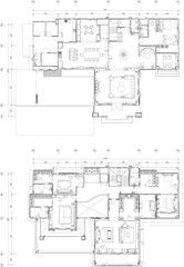 Interior Design Drawing of Residential House, Furniture Layout, Floor Plan of Central Hall, Bedroom, Living Room, and Dining Room for Family Home