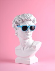 A stylish white marble bust wearing trendy sunglasses, set against a soft, neutral background, exuding a modern and artistic vibe.