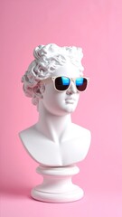 A stylish white marble bust wearing trendy sunglasses, set against a soft, neutral background, highlighting its elegant features and modern flair.