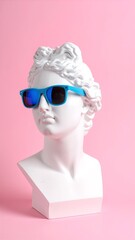 A stylish white marble bust adorned with sleek sunglasses, showcasing a modern artistic flair, set against a minimalist background for a chic aesthetic.