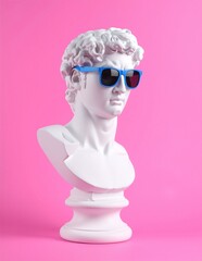 A stylish white marble bust wearing trendy black sunglasses, set against a soft, neutral background, highlighting its elegant features and modern flair.