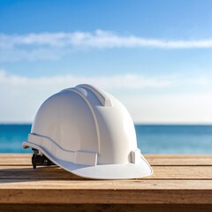 A white hard hat rests on a stack of weathered wooden planks, showcasing its glossy surface against the rustic texture of the wood.