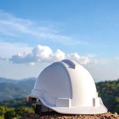 A pristine white hard hat sits on a wooden surface, reflecting soft light, showcasing its smooth, durable exterior and adjustable chin strap.