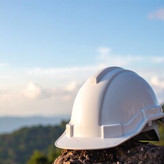 A pristine white hard hat rests on a wooden surface, showcasing its smooth, glossy finish and sturdy design, ideal for construction and safety.