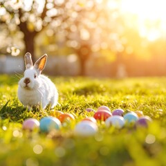 A fluffy white rabbit sits amidst vibrant green grass, surrounded by colorful Easter eggs in various pastel shades, creating a festive spring scene.