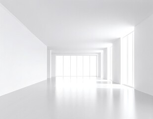 A bright, airy white room featuring expansive floor-to-ceiling windows that flood the space with natural light, complemented by a sleek white floor.