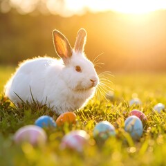 A fluffy white rabbit sits gracefully in lush green grass, surrounded by colorful Easter eggs, creating a cheerful springtime scene.