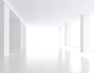 A bright, airy white room featuring two large windows, one of which is open, allowing soft sunlight to stream in and gently flutter the curtains.