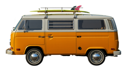 Classic surf van with surfboard ready for summer beach adventures