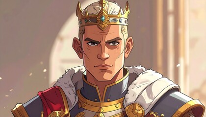 Portrait of a stern-faced king, adorned in regal attire and a golden crown