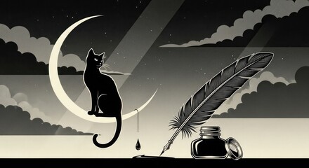Black cat moon quill inkwell night sky stars clouds feline writing fantasy monochrome artwork art