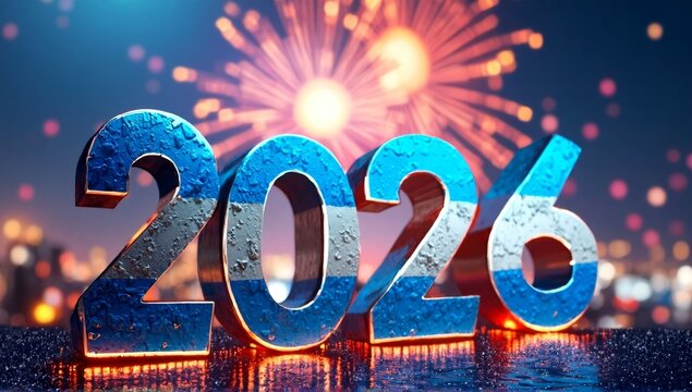 A festive, glittering foreground against a dynamic backdrop of colorful fireworks and urban illumination, heralding a fresh start.