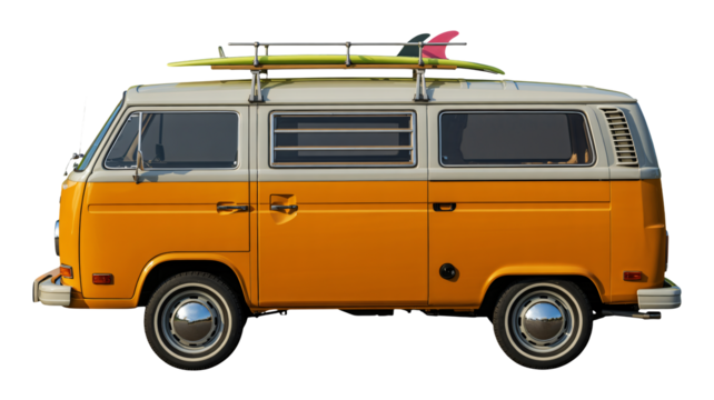 Classic surf van with surfboard ready for summer beach adventures