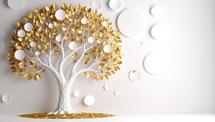A striking white tree stands tall, its branches adorned with shimmering gold leaves that catch the sunlight, creating a dazzling contrast against a clear blue sky.