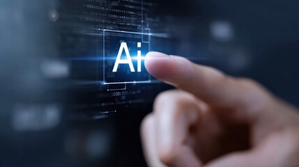 Human hand pressing a virtual button with AI text on a digital screen, representing advanced technology and innovation