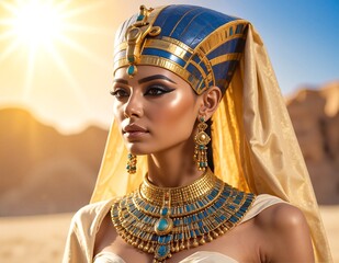 A woman dressed in a vibrant Egyptian costume, adorned with intricate gold jewelry and a striking headdress, exudes elegance and cultural richness.