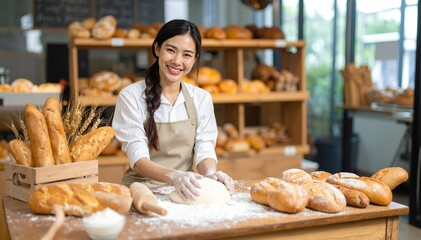 A woman in a colorful apron kneads dough on a wooden countertop, surrounded by flour, baking tools, and a warm, inviting kitchen atmosphere.