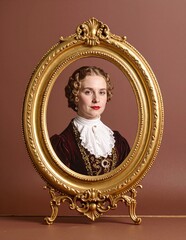 A woman with flowing hair and a radiant smile is elegantly posed within an intricately designed, vintage frame adorned with floral motifs.