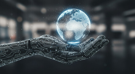 Futuristic robotic hand holding a glowing digital globe, representing global technology and innovation