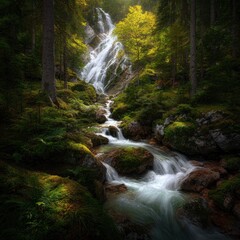 Forest waterfall cascades over mossy rocks, sunlit trees above