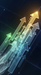 Abstract upward trending arrows glowing with light against a dark blue and green background