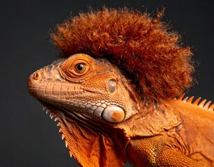 Portrait of a vibrant red iguana with a quirky orange, curly wig against a dark grey backdrop
