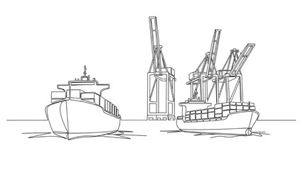 Minimalist One-Line Illustration of Cargo Ships Sailing with Cranes in the Background – Clean Black Outline Representing Shipping, Logistics, and Maritime Transportation