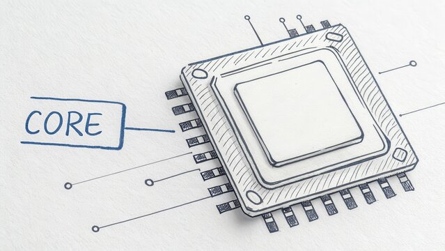 Drawn outline of a circuit chip labeled core on white paper