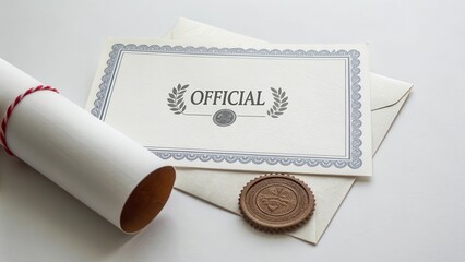 Fototapeta premium Flat lay of an official certificate with embossed seal on white paper