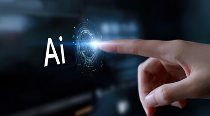 Finger interacting with a glowing artificial intelligence icon on a dark digital interface connecting with advanced future tech