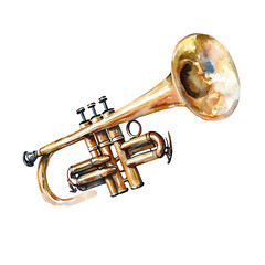 Naklejka premium Watercolor painting of a golden trumpet isolated on transparent background, showcasing its intricate details and elegant design, perfect for musicthemed projects and artistic compositions