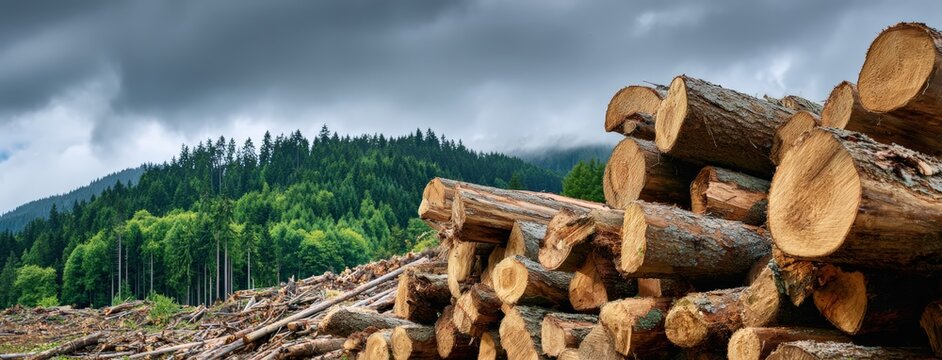 Cut timber logs stacked by a deforested area, showing the environmental impact of tree felling and wood industry
