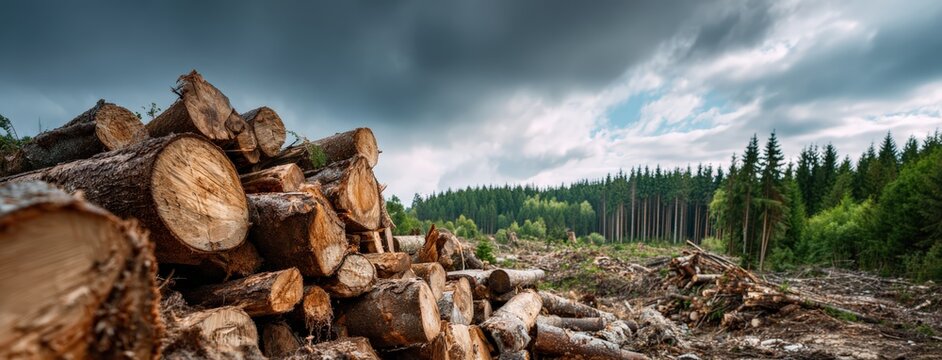Log stacks on cleared land demonstrating an adverse ecological impact from industrial lumbering, with a forest in the background