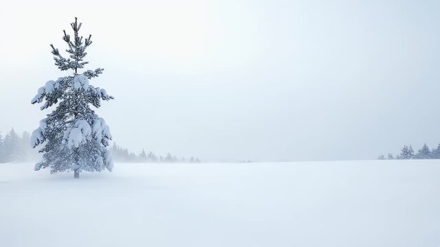 Cinematic Wide Shot of Solitary Snow-Covered Evergreen Tree in Vast Winter Landscape, Minimalist Design, Ideal Negative Space for Corporate Text Overlay.