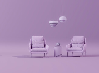 Creative interior design in pastel purple studio with lamp and two armchair. 3D rendering for web page. Creative composition. Sale concept	