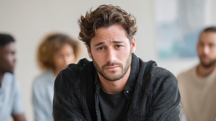 Obraz premium A man with curly hair sitting in a room with other people, looking sad or distressed.